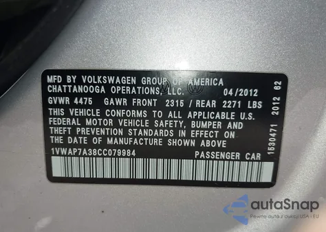 2012 Volkswagen Passat 2.5L S z USA, uszkodzony, nr VIN 1VWAP7A38CC079984